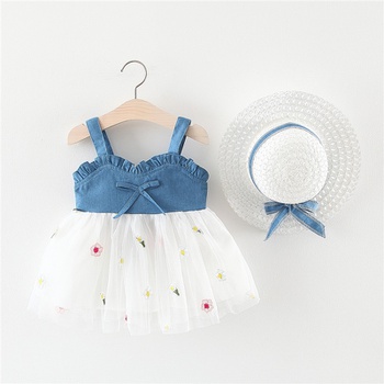 2-piece Baby / Toddler Denim Strappy Splice Tutu Dresses and Straw Hat Sets